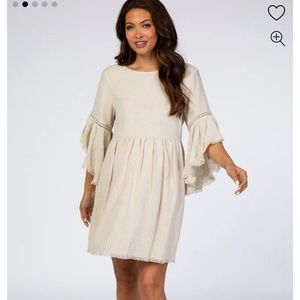 PINK BLUSH Beige Raw Edge Bell Sleeve Babydoll Maternity Dress